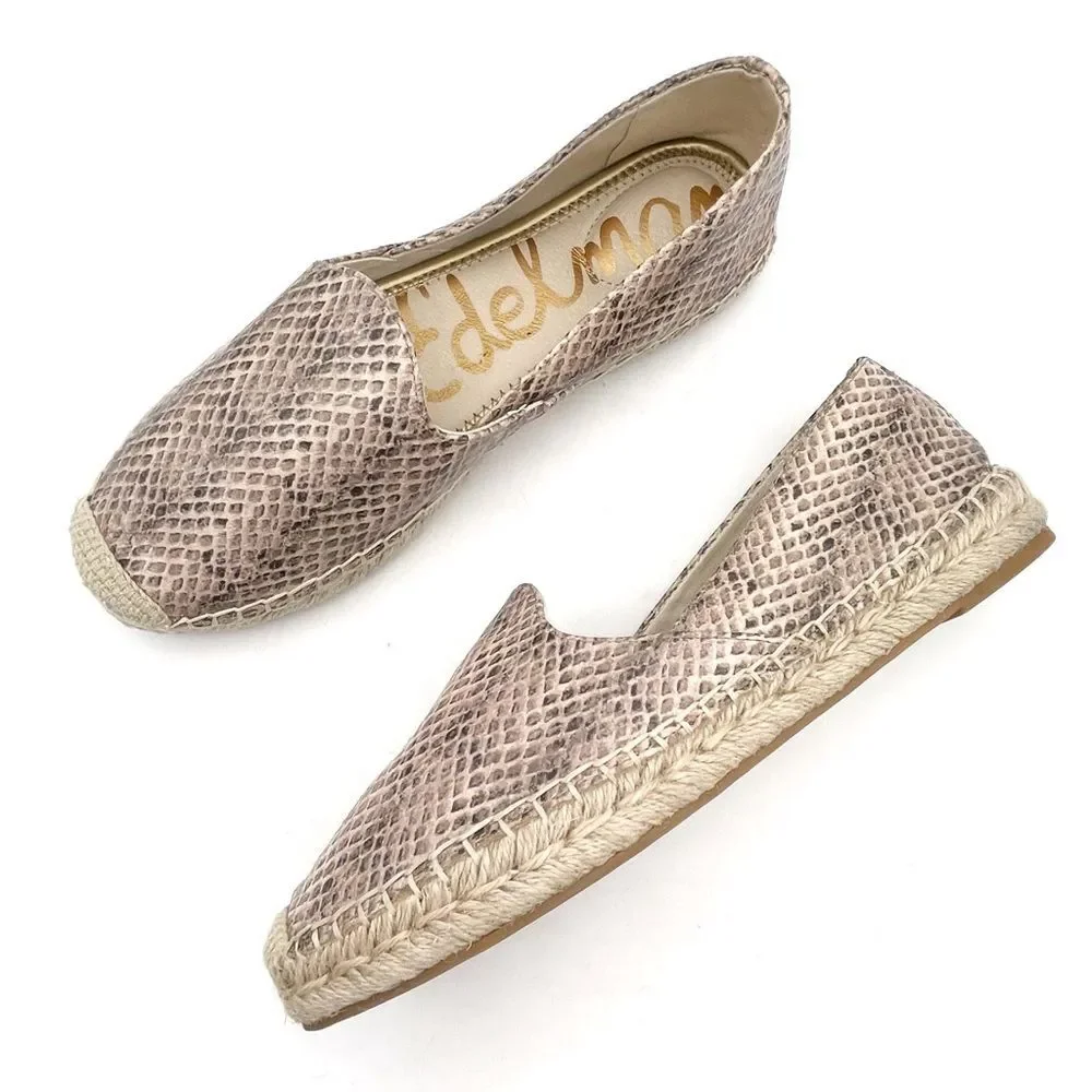 Sam Edelman Kesia Espadrilles Size 8.5 Snake Print Leather Flats Slip-On Taupe